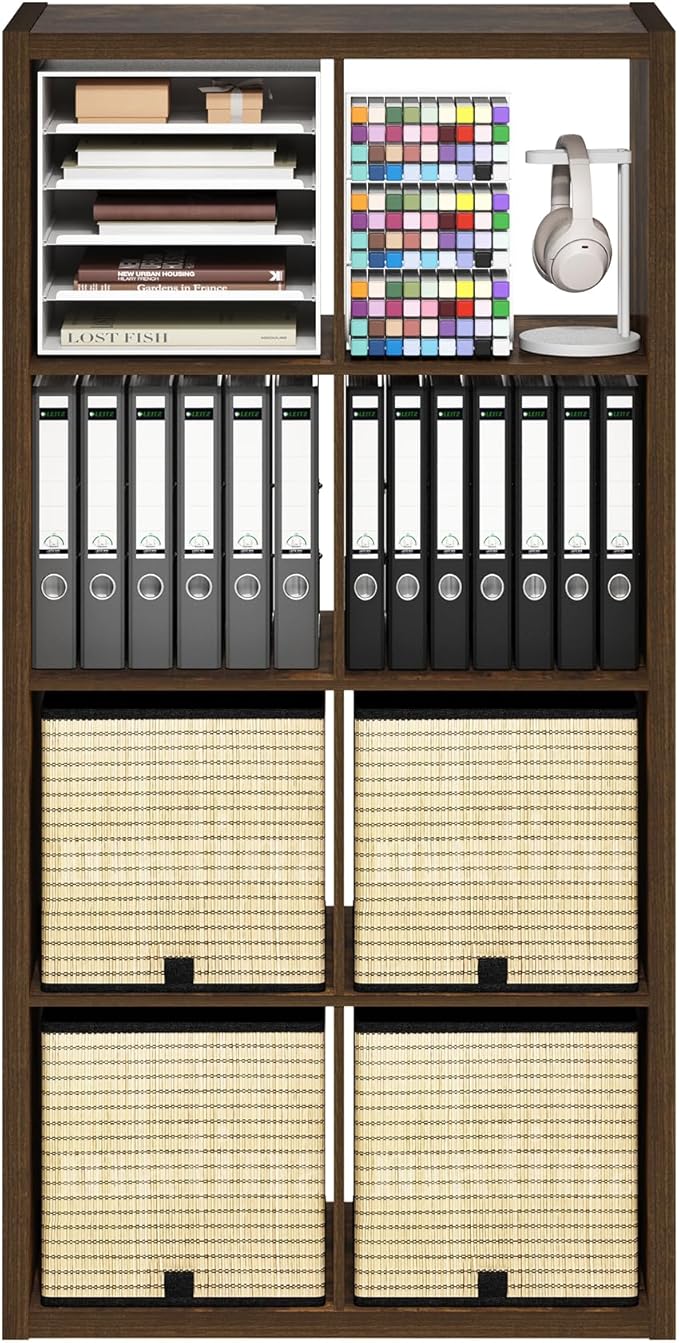 Furinno Cubicle Book Shelf, 8-Cube Bookshelf, Extra Thick Frame Horizontally & Vertically Reversible Bookcase with Open Back, 14.6" x 30" x 58", for Living Room, Bedroom, Home Office, Amber Pine