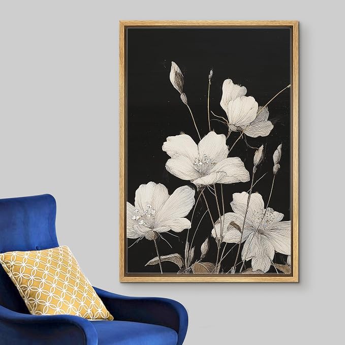 Woodrose Framed Canvas Print Wall Art Delicate White Flowers Elegant Botanical Line Illustrations Modern Art Minimalist 3D Colorful Ultra for Living Room, Bedroom, Office - 16"x24" NATURAL