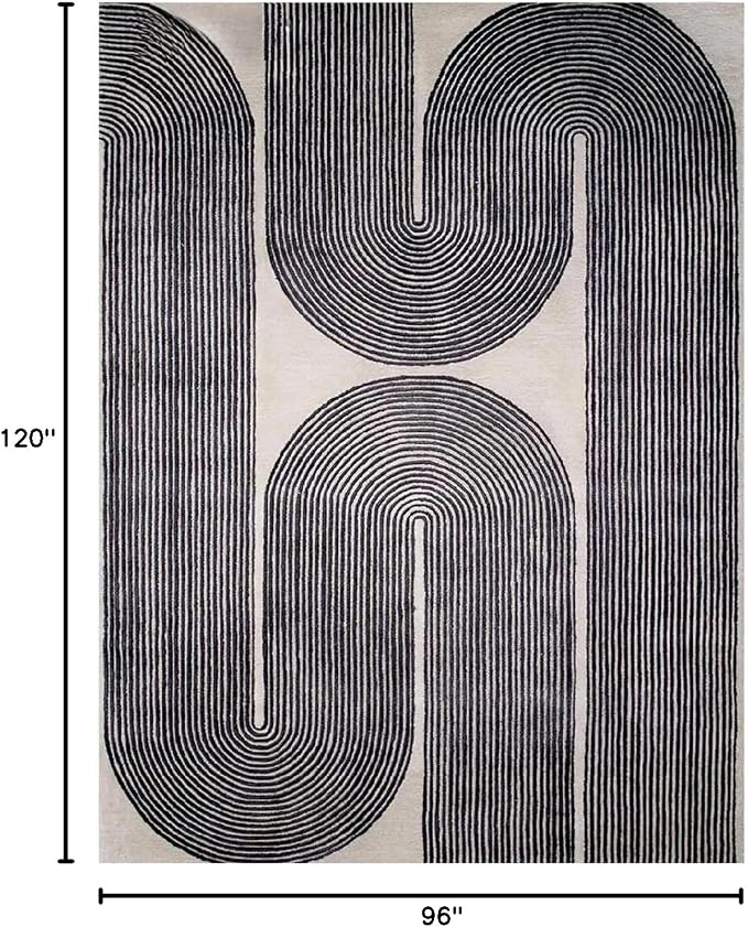 Modern Handmade Wool Area Rug, Abstract Curved Line Geometric Carpet for Living Room Bedroom, Contemporary Tufted Indoor Rug with Soft Pile and Cotton Backing (Ink, 9'x 12')