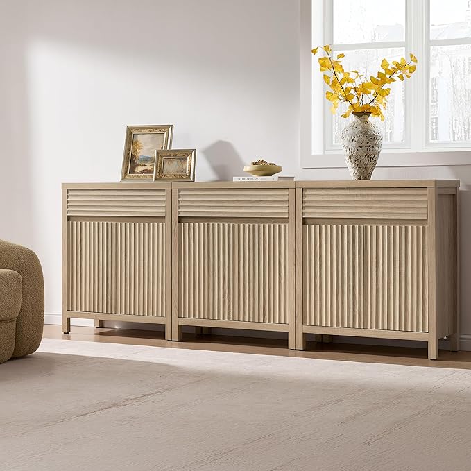 SICOTAS Sideboard Buffet Cabinet with Drawer - 87" Fluted Sideboard Modern Credenza with Doors & Adjustable Shelves, Farmhouse Coffee Bar Media Console for Living Room Kitchen Entryway, Light Oak