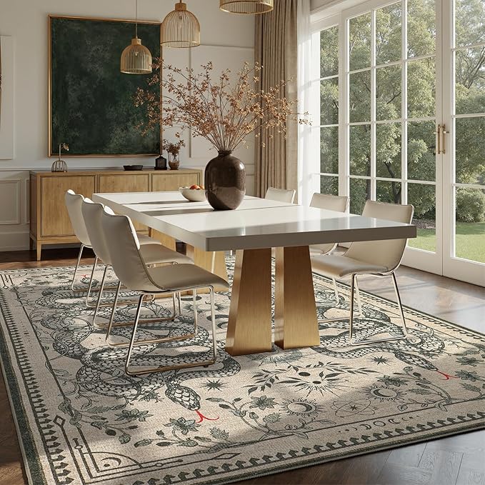 DCX Washable 6x9 Snake Rug, Beige Gothic Rug for Living Room, Soft Low Pile Carpet, Kid & Pet Friendly with Rubber Back Non Slip, Stain Resistant Rug for Bedroom Dining Room Office
