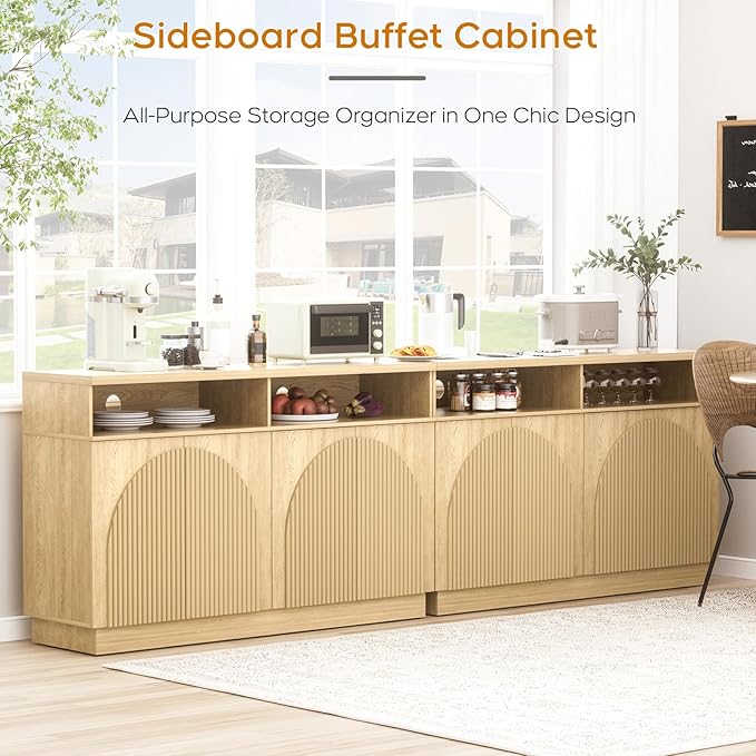 Yechen Fluted Sideboard Buffet Cabinet with Arched Reeded Doors, Mid Century Modern Credenza Storage Cabinet with Adjustable Shelves, TV Stand for Living Room Kitchen Entryway/2 Pieces/Natural Oak