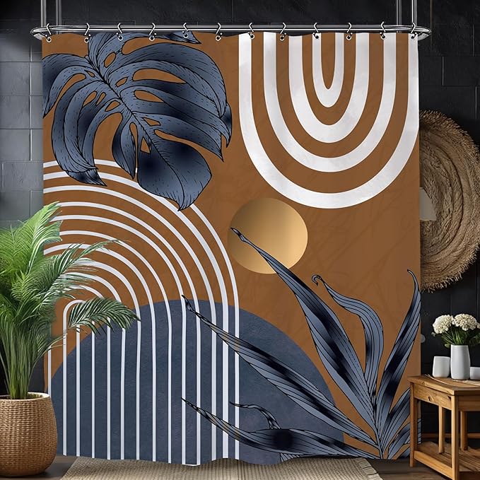 Yookeb Abstract Navy Blue Brown Bathroom Shower Curtain 60W by 71H Inch Modern Minimalist Mid Century Plant Leaves Aesthetic Neutral Vintage Contemporary 12 Plastic Hooks Waterproof Decor