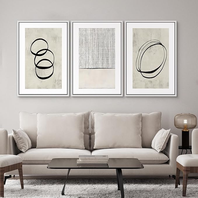 SIGNWIN Framed Canvas Print Wall Art Set Geometric Ring Grid Landscape Graffiti & Street Art Abstract Cozy Neutral Modern Art Decorative Nordic for Living Room, Bedroom, Office - 24"x36"x3 White