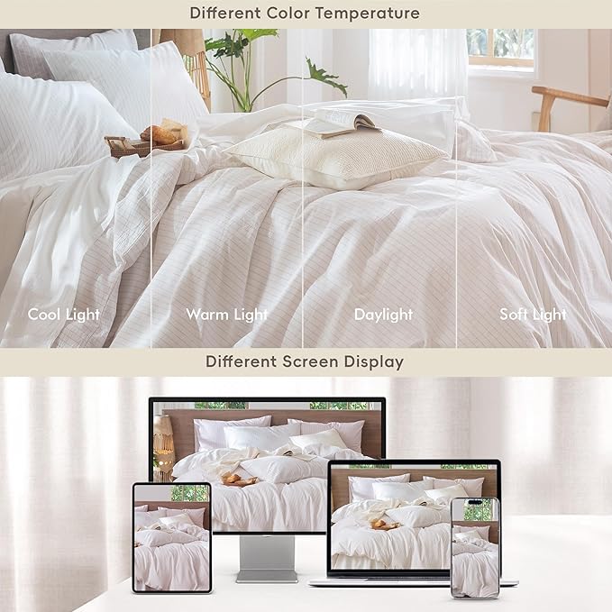 MooMee Striped Duvet Cover Set 100% Washed Cotton Linen Like Textured Breathable Durable Soft Comfy (White Heathered Greyish Pink Wide Stripes, King 104"x90")
