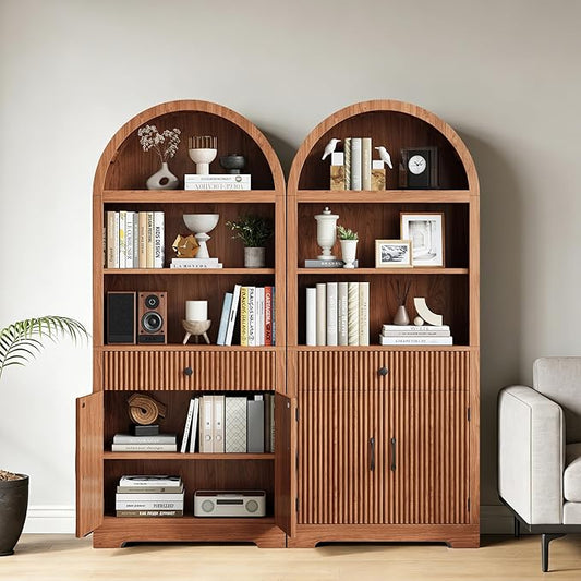 Farmhouse Arched Bookshelf, Mid-Century Modern 5-Tier Curved Cabinet with Door, Wooden Bathroom Storage Cabinet, Kitchen Pantry Cabinet for Living Room, Kitchen，Home Office, Walnut X2