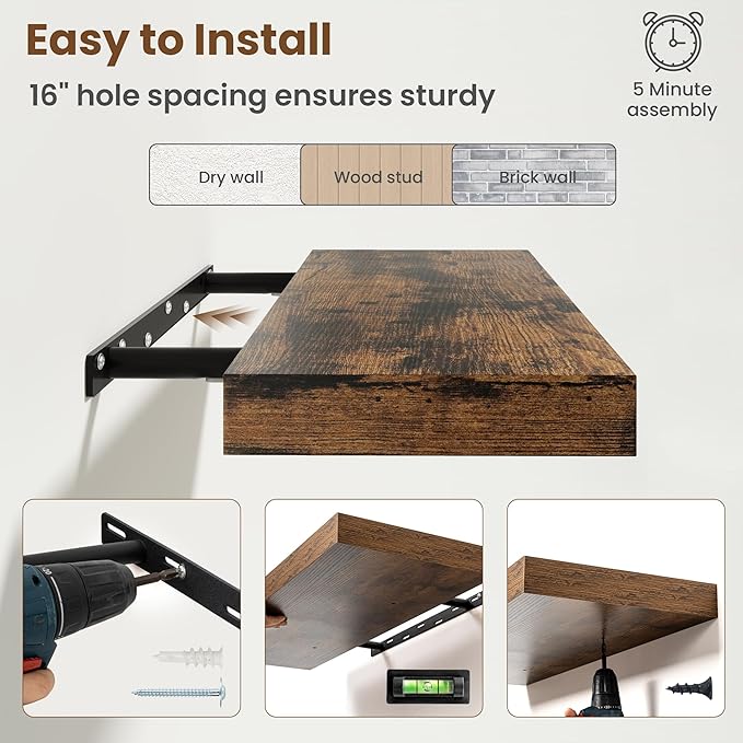 55 Inch Floating Shelves for Wall, 8 Inch Deep Floating Shelf for Storage & Display, Wall Mounted Shelf with Invisible Brackets for Living Room, Kitchen, Bathroom, Home Decor, Set of 2, Rustic Brown