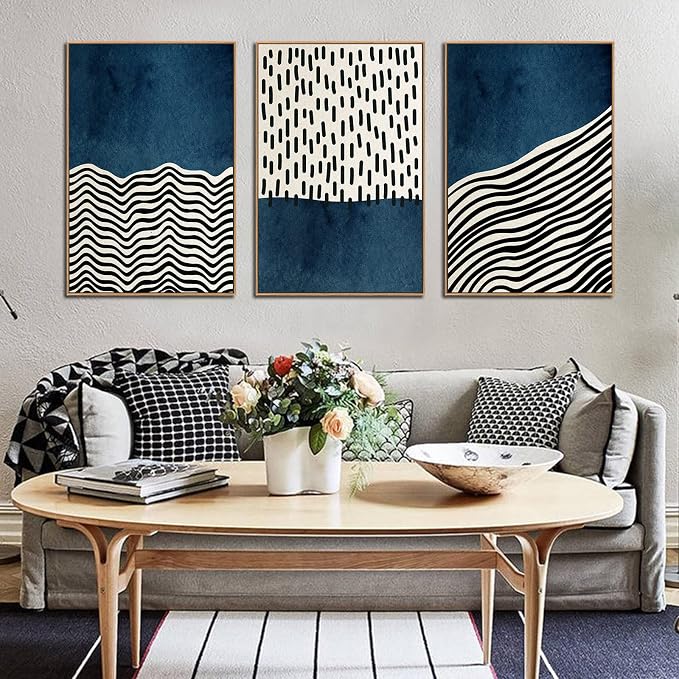 Framed Wall Art Canvas Set Mid Century Boho Picture Modern Abstract Geometric Lines Wall Decor Minimalist Black Indigo Canvas Painting Artwork Living Room Bedroom Home Office 24"x36"x3 Natural