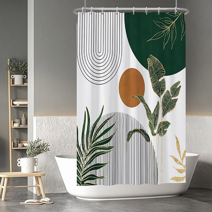 Baocicoo Boho Mid Century Shower Curtain Abstract Sun Green Banana Leaves Curve Aesthetic Shower Curtain for Bathroom Cubicle Living Room Waterproof Curtain for Bathroom with Hooks 48x72 Inches