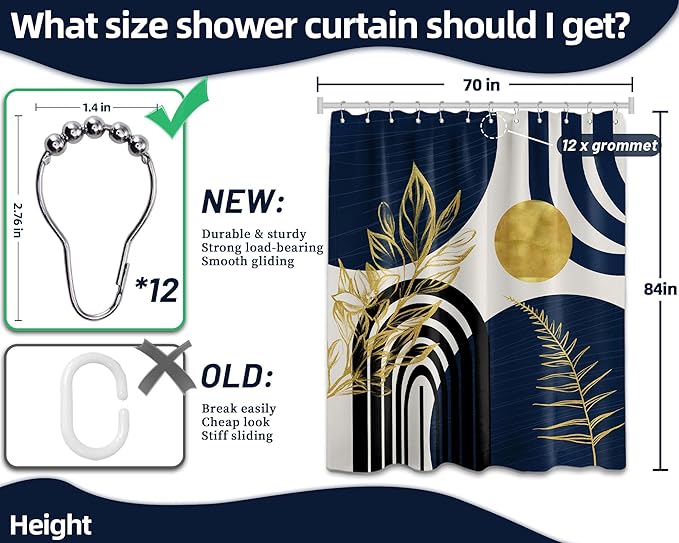 Mid Century Modern Navy Blue Shower Curtain Boho Dark Blue and Gold Leaves Shower Curtains for Mens Bathroom Decor Sets, Waterproof Cloth Fabric with Hooks, 70x84in