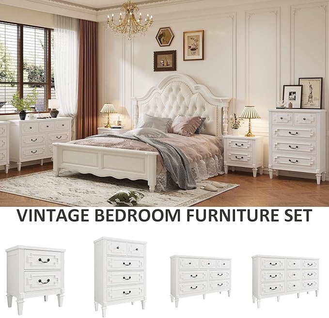 5 Drawer Dresser for Bedroom, 44" Tall Dresser & Chest of Drawers wtih Vintage Surface, Closet Storage Cabinet for Living Room, Hallway, White