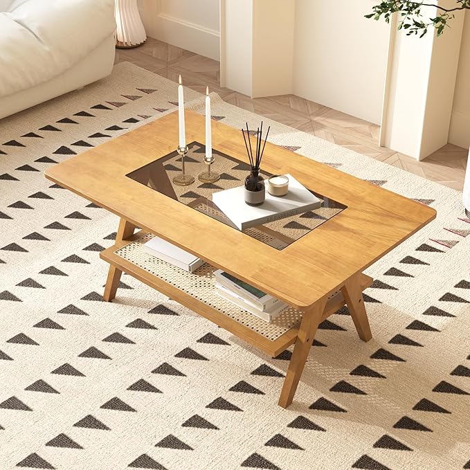 Mid Century Modern Coffee Table with Glass Top and Rattan Storage Shelf, Rectangular Natural Wooden Coffee Table, Unique Center Tables for Living Room Apartment Home, 39.4 Inch