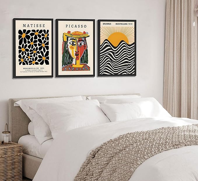 3 Pcs Picasso Matisse Bauhaus Wall Art Set Minimalist Geometric Canvas Paintings Orange Black Modern Minimalist Wall Decor Prints Posters Pictures Living Room Gallery Bedroom Decoration (Unframed,