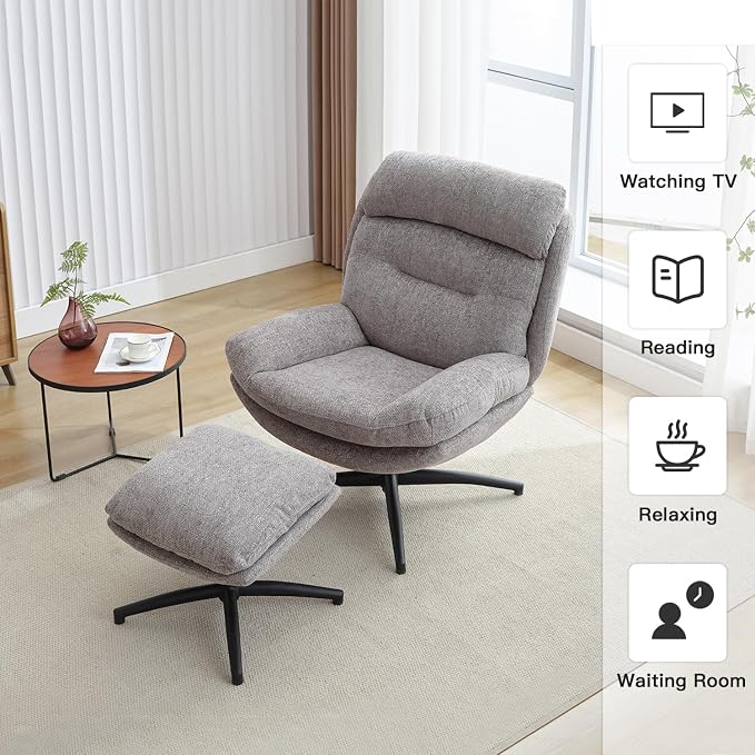 Swivel Accent Chair with Ottoman Set for Living Room, Chenille Comfy Reading Chair with High Back, TV Lounge Chair with 360 Degree Swiveling, Tilting for Bedroom, Modern Armchair with Footrest, Grey