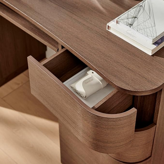 Modway Mirae 55 Inch Computer Desk with Drawers in Brushed Brown Oak – Modern Compact Office Desk with Keyboard Tray, Curved Edges, and 6 Storage Drawers for Bedroom, Dorm Room, or Vanity Setup