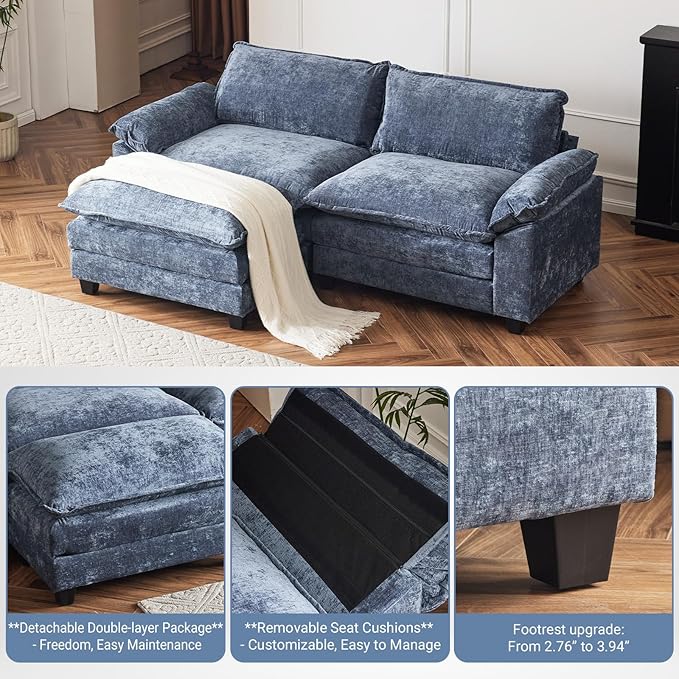 VINGLI 87" Cloud Sectional Sofa, Comfy L-Shaped Extra Deep Seat Sofa Couch for Living Room,Modern 2-Seat Convertible Loveseat Sofa with Ottoman for Small Space(Navy Blue)