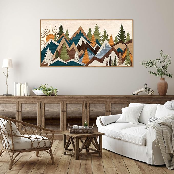 Tinonedraw Large Mountain Framed Canvas Wall Art, Boho Rustic Sunrise Forest Wall Decor, Vintage Woodsy Nature Art Painting, Modern Wilderness Trees Art Print for Living Room Bedroom Office 20"x40"