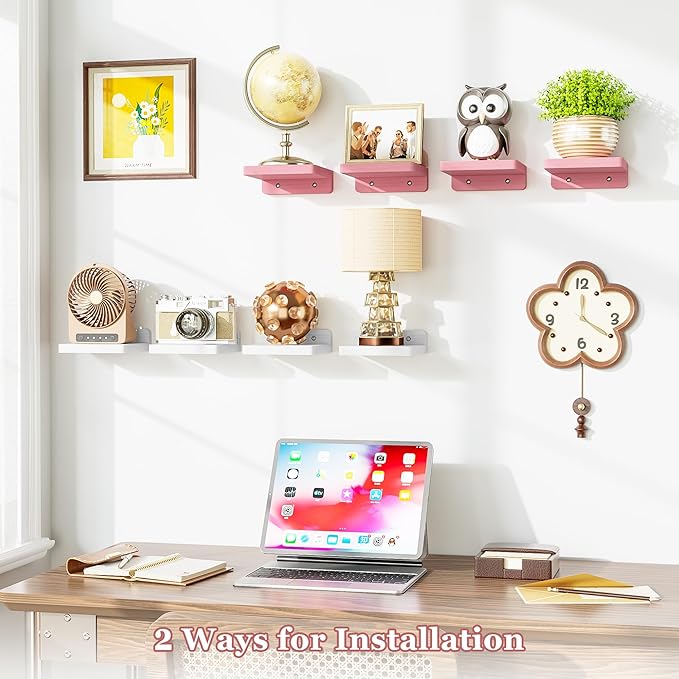 SRIWATANA Small Floating Shelves Wall Mounted, Wood Shelf for Decoration and Storage Set of 4, Mini Display Shelf for Bedroom, Bathroom, Kitchen, Office (Pink, 5 inch)