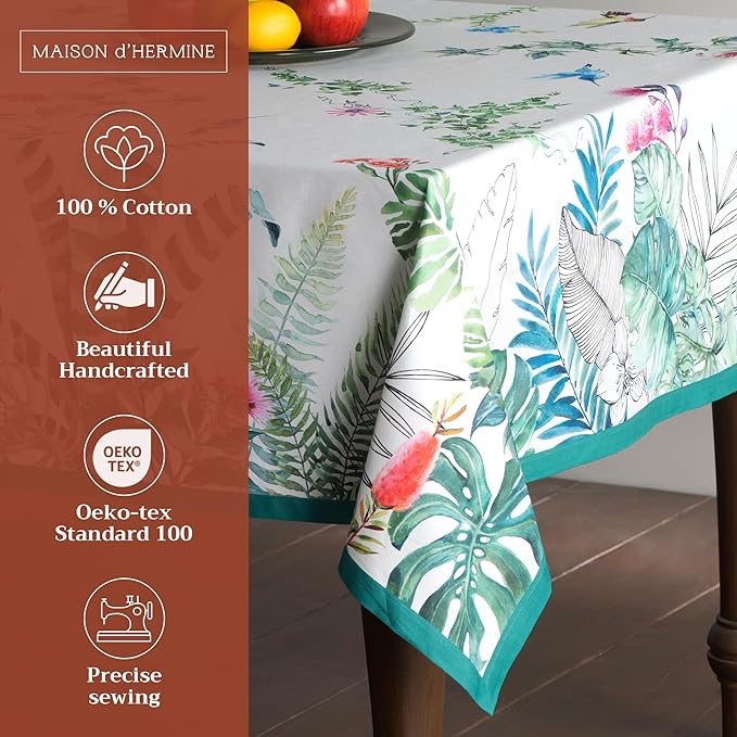 Maison d' Hermine Table Cloth Rectangle Table 100% Cotton 60 x 120 Inches Tablecloth Reusable Decorative for Dining Room Farmhouse Home Valentines Day Decorations Spring Summer - Tropiques