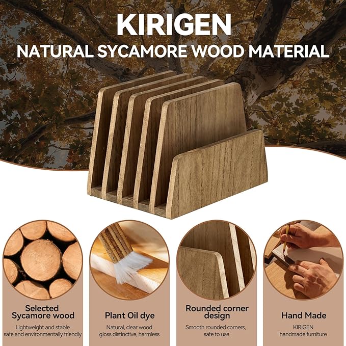 KIRIGEN Wooden Desk Mail Organizer, 5-Slot File Holder and Letter Sorter for Mail, Folders, Bills, Papers, Notebooks, Home Office, Classroom, Countertop, No Assembly, Brown 5KWJJ-DBR