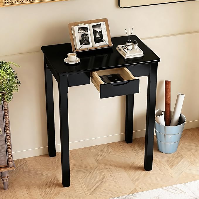 Solid Wooden Desk with Drawers - 24 x 16 Inch Narrow Desks for Small Spaces, Rubberwood Simple Study Table, Small Writing Desk for Bedroom - Modern Black Desks