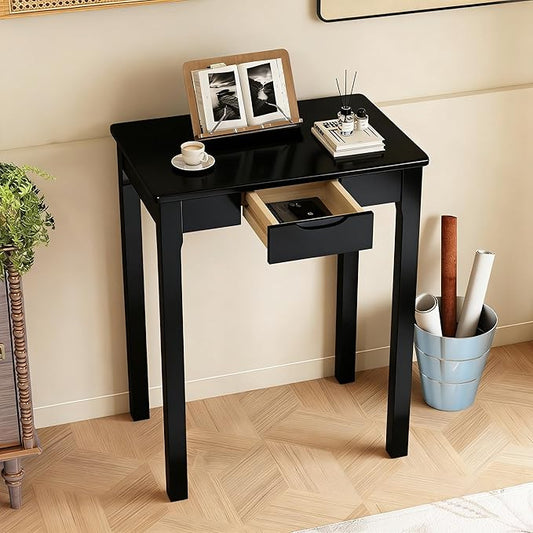 Solid Wooden Desk with Drawers - 24 x 16 Inch Narrow Desks for Small Spaces, Rubberwood Simple Study Table, Small Writing Desk for Bedroom - Modern Black Desks