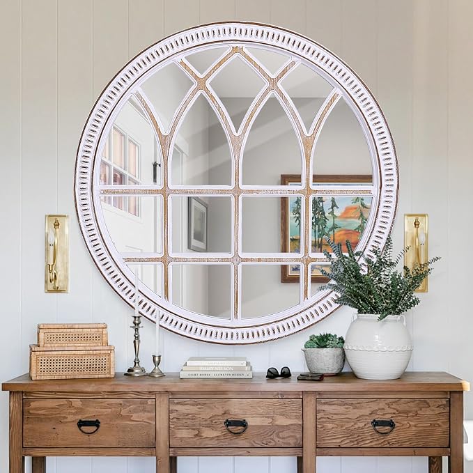 HOITUZYUS 36 Inch Decorative Round Wood Window Mirror | Large Farmhouse Windowpane Wall Mirrors for Entryway, Living Room, Bedroom, Dining Room & Mantel Decor