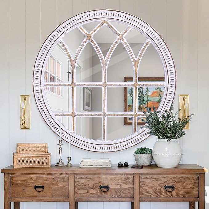 HOITUZYUS 30 Inch Farmhouse Round Wood Window Mirror for Wall Decor | Decorative Windowpane Mirrors for Bathroom Vanity, Entryway, Living Room, Bedroom & Mantel Decor