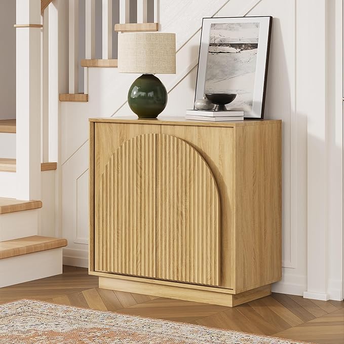 win2win Fluted Sideboard Buffet Cabinet with Storage, 31.5" Modern Boho Accent Cabinet with Double-Layered Arch Doors, Small Wood Console Credenza for Living Room, Dining Room, Entryway, Oak, 2PCS