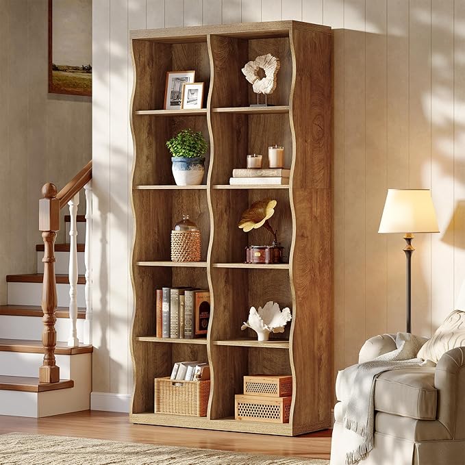 Tribesigns 70.86" Wooden 10 Cubes Bookcase, 5-Tier Tall Floor Standing Bookshelf with Wave-Shaped Design, Rustic Display Storage Organizer with Open Shelves for Living Room, Home Office, Bedroom (1)