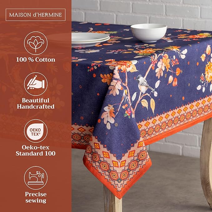 Maison d' Hermine Table Cloth Rectangle Table 100% Cotton 60 x 90 Inches Fall Tablecloth Reusable Everyday Use for Thanksgiving Christmas Decorations Dining Farmhouse Party (Kelim - Infinity)