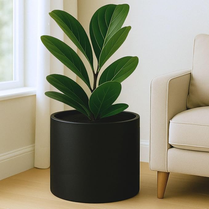 Fox & Fern Large Indoor Planter, Modern Large Plant Pot for Indoor or Outdoor, UV and Frost Resistant - 14.6 Inch, Fiberstone, Matte Black Flower Pot with Drainage Plug, Lightweight