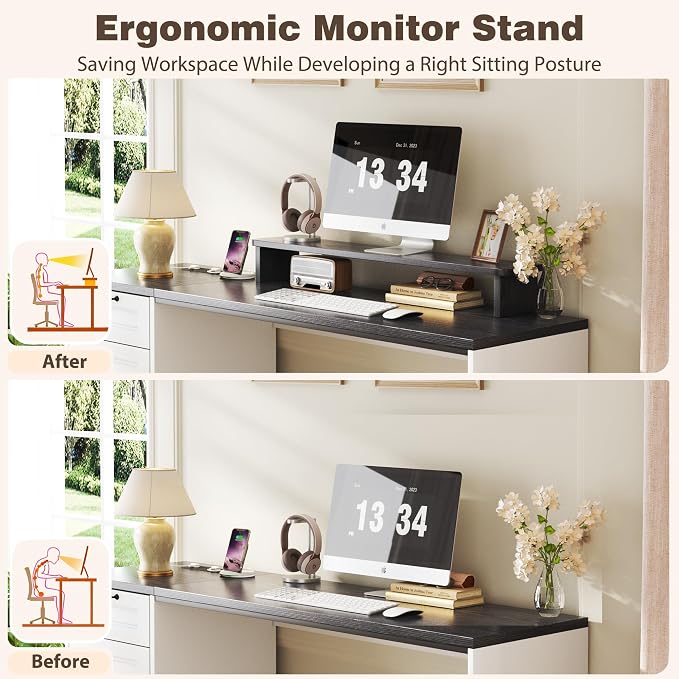 HUAHUU 63" Farmhouse Executive Desk with Drawers, Modern Computer Desk with Power Outlets, Office Writing Desk with Monitor Stand & Storage Cabinet, Printer Shelf, Antique White