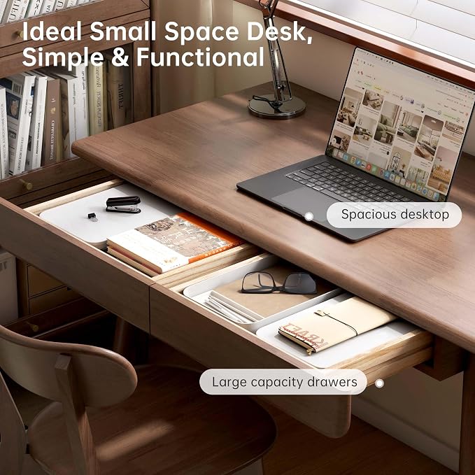 YESWOOD 100% Solid Wood Desk with Drawers, Walnut Color Office Desk, Mid Century Modern Writing Desk for Study Bedroom Living Room 31.49" W