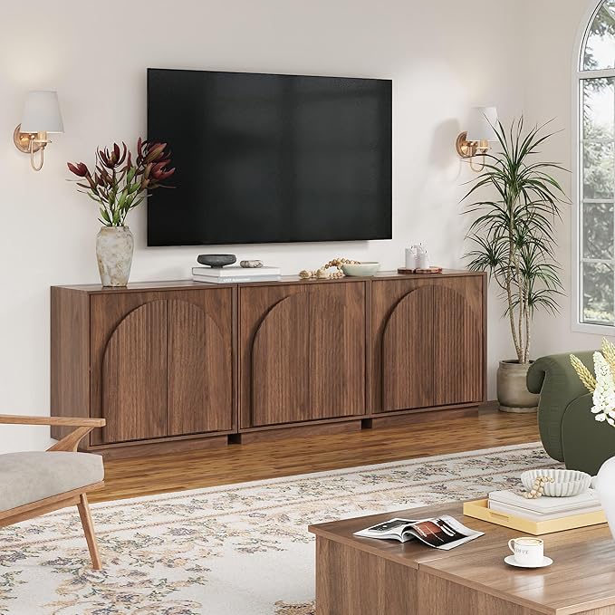 win2win Fluted Sideboard Buffet Cabinet with Storage, 31.5" Mid Century Modern Accent Cabinet with Double-Layered Arch Door, Small Wood Console Credenza for Dining Living Room Entryway, Walnut, 2PCS