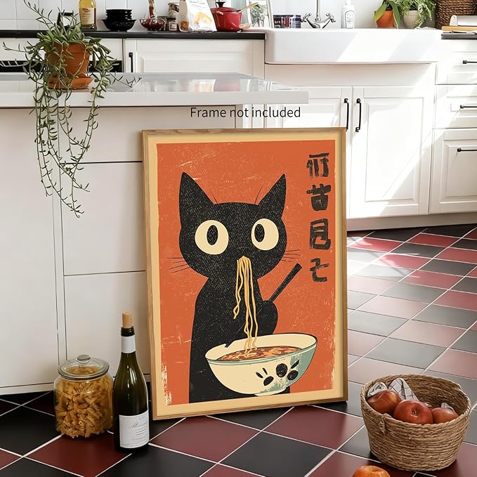 EOLRCIG Funny Black Cat Eat Ramen Noodles Poster Vintage Japanese Kitchen Food Wall Art Whimsical Cute Animal Canvas Prints for Restaurant Wall Decor 12X16 inch Unframed