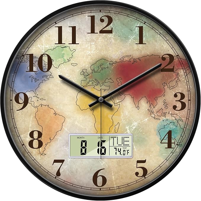 Vintage World Map Wall Clock, 14 Inch Silent Non-Ticking Battery Operated Analog Clock with LCD Date Day Temp Display, Decorative for Living Room, Bedroom, Kitchen, Study, Dining Room