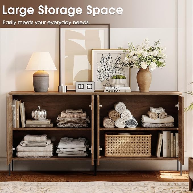 WAMPAT 63" Sideboard Buffet Cabinet with 4 Doors and Adjustable Shelves, Fluted Storage Cabinet, Modern Credenza Coffee Bar Wine Bar Table for Kitchen, Dining Room, Living Room, Light Walnut