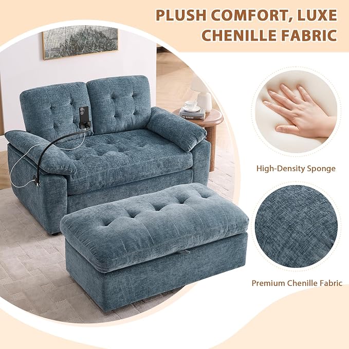 Oversized Chaise Lounge Chair Indoor, Double Convertible Recliner Reading Arm Sofa Chair W/Adjustable Backrest & Charging Port Couch Bed for Living Room, Home Theater & Bedroom, Blue