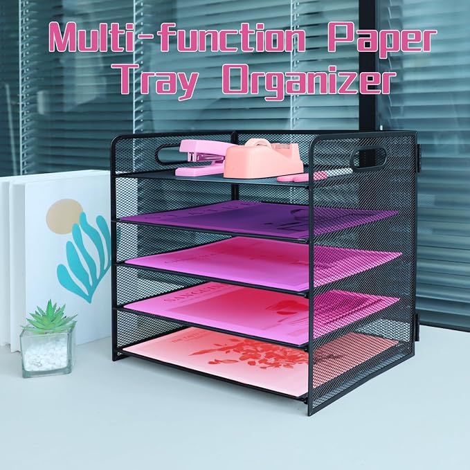 5 Tier Lettrer Tray Organizer with Handle, Metal Mesh Desk File Organizer with Sliding Trays, Paper Sorter Desk for Home Office School, Black