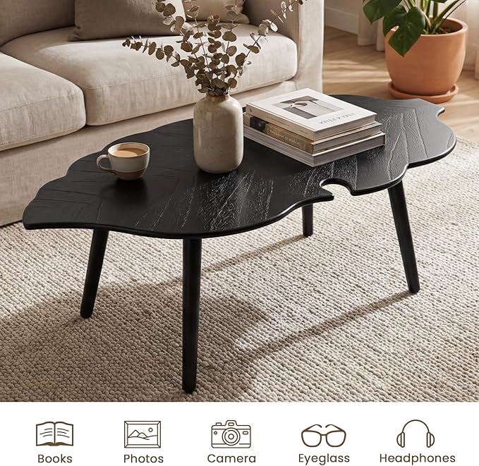 DUOMAY Mid-Century Modern Small Coffee Table, Solid Leaf-Shaped Wood Coffee Table for Living Room, Easy Assembly Center Table End Table with Wood Leg, Side Table for Bedroom Small Space, Black