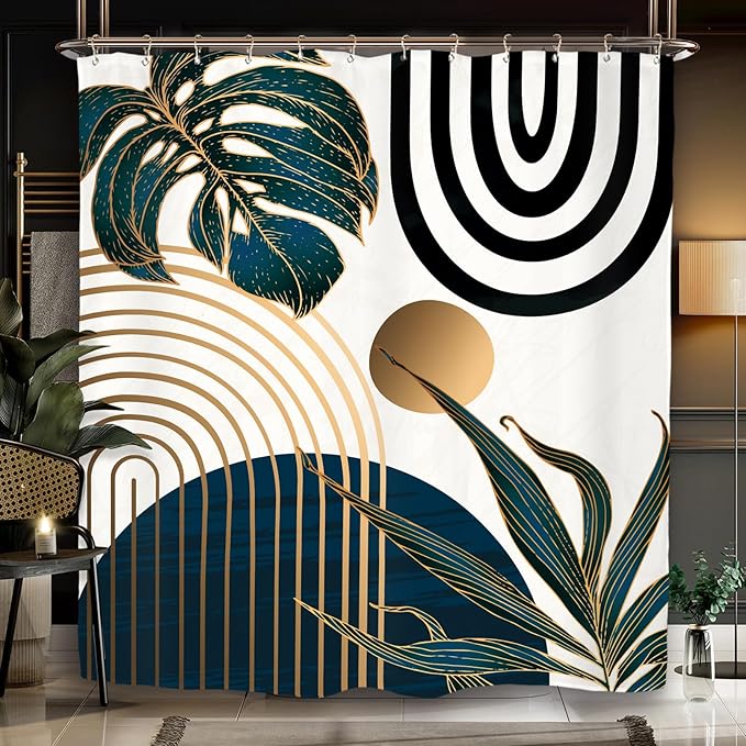 Miyotaa Abstract Modern Navy Blue Shower Curtain Set 60Wx71H Inches Minimalist Mid Century Contemporary Monstera Leaves Vintage Aesthetic Polyester Waterproof Cloth Bathroom Curtain with 12 Hooks