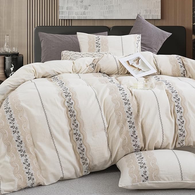 Beige Boho Linen Cotton Duvet Cover King Size, Soft Natural Bedding Set for Year Round Comfort -1 Textured Duvet Cover 104x90 Inches with Zipper Closure, 2 Pillowcases