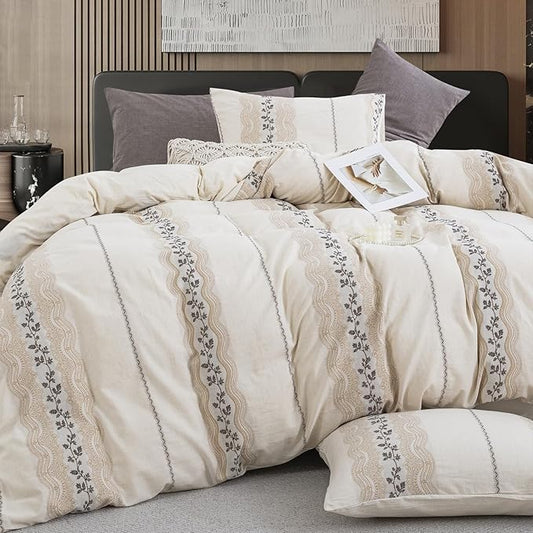 Beige Boho Linen Cotton Duvet Cover King Size, Soft Natural Bedding Set for Year Round Comfort -1 Textured Duvet Cover 104x90 Inches with Zipper Closure, 2 Pillowcases