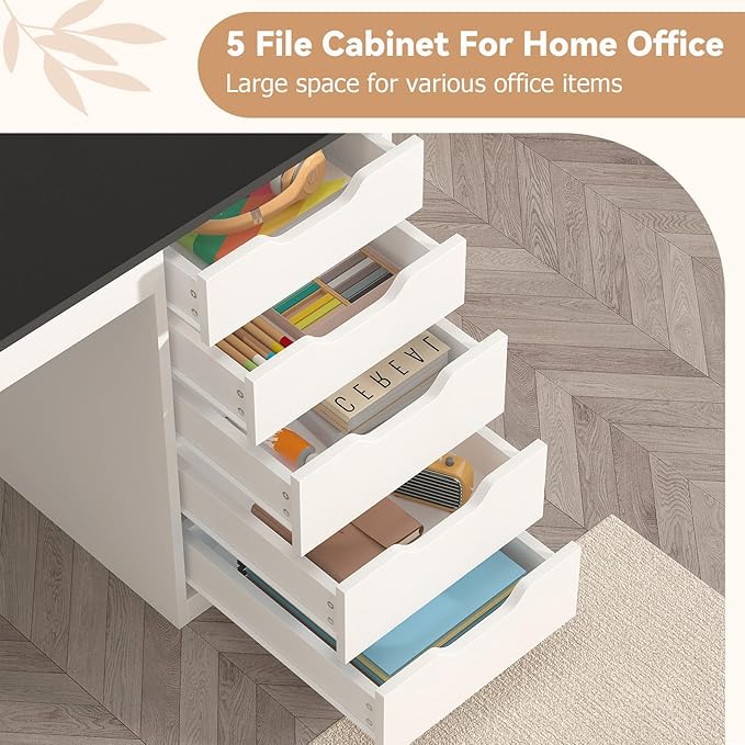 YOMILUVE 47 Inch Computer Desk with 5 Drawers and Power Outlets, Home Office Desks with Storage File Cabinet, Modern Simple Laptop Desk Writing Table for Small Spaces, Black and White