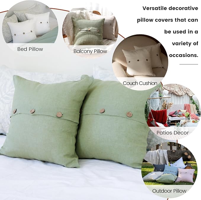 Simple&Opulence Linen Throw Pillow Covers Pack of 2, Triple Coconut Button Vintage Farmhouse Natural Flax Decorative Square Cushion Cover for Sofa Couch Chair - Sage Green, 18'' x 18''