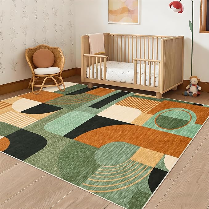4x6 Washable Rug for Bedroom, Boho Geometric Small Area Rugs for Living Room Entryway Soft Low Pile Non-Slip Indoor Rug for Playroom Dorm, Green Multi, 4'x6'