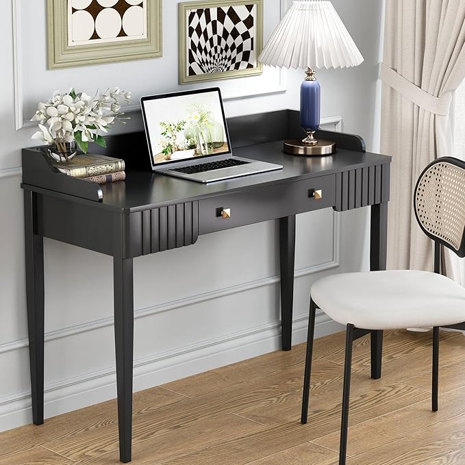 Space-Saving Black Wood Makeup Vanity Desk – Modern Computer Table with Drawers & Gold Handles