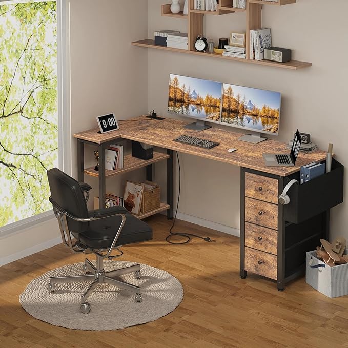 Lufeiya L Shaped Computer Desk with Drawers & Storage Shelves, 63 Inch Corner Desk with Power Outlet for Home Office Bedroom, L-Shaped Teen PC Gaming Desks with Fabric Drawer, Rustic Brown
