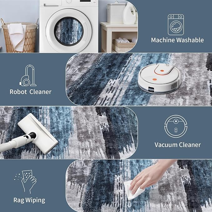 Ciicool 5ft Round Washable Rug, Modern Abstract Circle Rugs, Non-Slip Thin Low-Pile Rug Navy Grey Circular Print Distressed Carpet for Bedroom Living Room Under Dining Table Home Office Decor